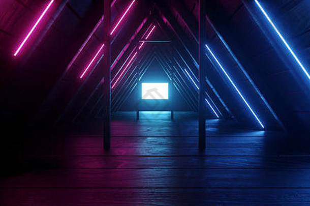 霓虹灯发光的紫色的蓝色的sci未来主义的晚上黑暗窗口月亮光三角形屋顶隧道走廊阁楼领导光充满活力的木木板纹理真正的