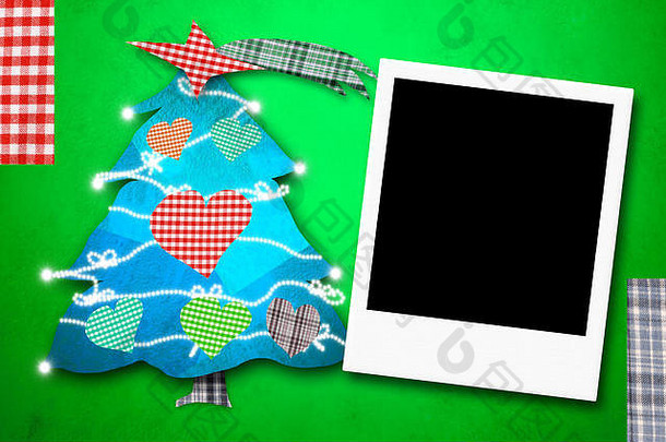 圣诞节卡片照片帧即时照片框架圣诞节树绿色纸背景