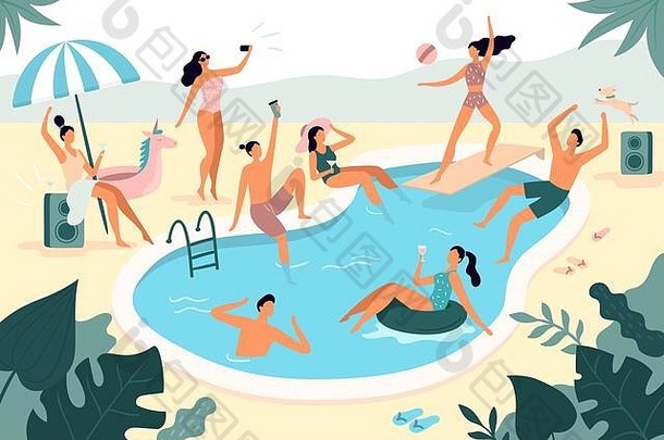 游泳池派对。夏日户外人们穿着泳衣一起游泳，橡皮圈漂浮在池水里