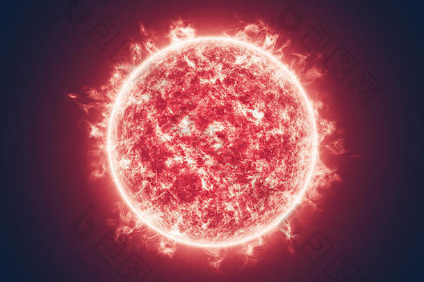 三维插图。从太空看太阳。火焰在运动的表面。