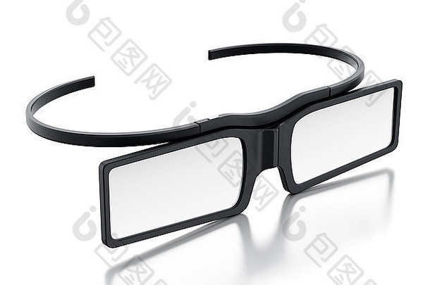在白色背景上隔离的3D眼镜，带有反射