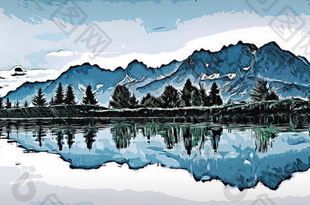 插图小湖边森林蓝色的山背景春天夏天