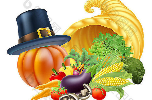 感恩节金色丰饶之角满满的蔬菜和水果，带着朝圣者或清教徒的感恩节帽子