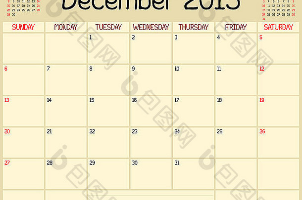 2015年12月的月度计划日历。使用自定义手写样式。