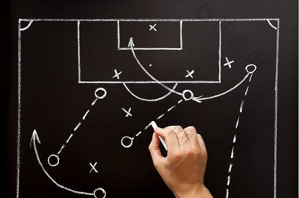 足球教练用粉笔在黑板上画游戏规则、战术和策略。