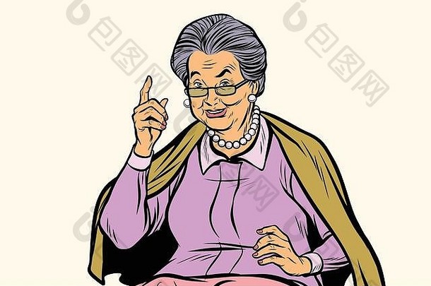 一位上了年纪的妇女，手指向上，被隔离在白色背景上