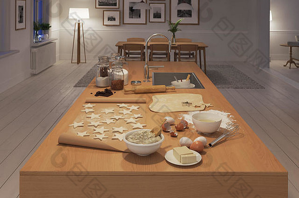 阁楼公寓的现代北欧厨房。三维渲染