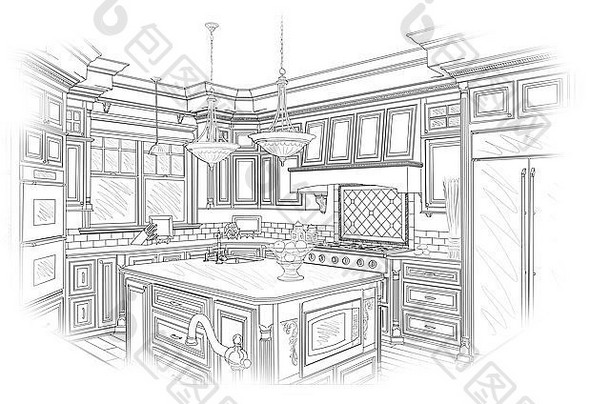 漂亮的定制厨房设计图纸，黑色与白色隔离。