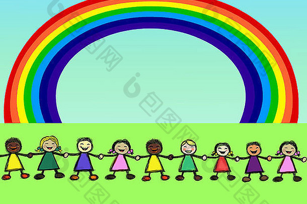 孩子们在彩虹下牵着手