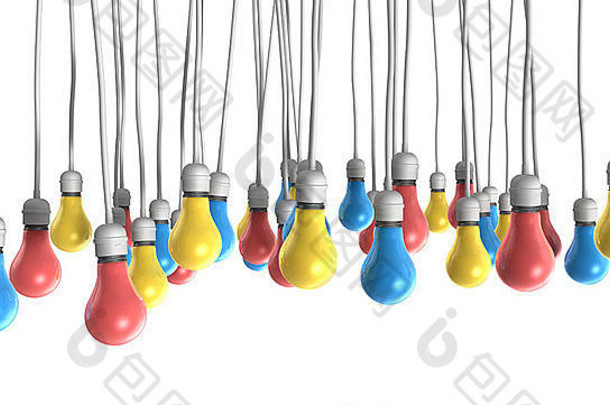 一组固定的挂在电缆上的灯泡，颜色有珊瑚色、蓝色和黄色