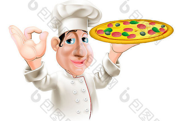 快乐意大利披萨老板手势持有美味的披萨