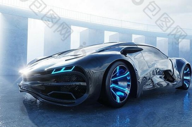 海边的黑色未来主义电动汽车。城市雾。未来的概念。三维渲染。