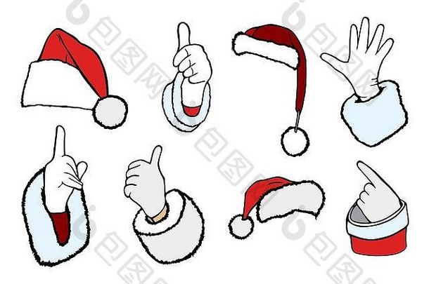 戴着白色手套的圣诞老人的手，象征着好的，好的，好的，并指明了方向和收集不同形状的圣诞老人