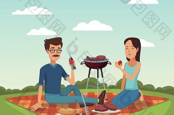 与男人和女人在草地上进行桌布野餐和烧烤的彩色场景景观