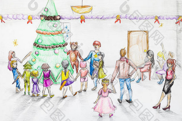 手画草图轮跳舞圣诞节树幼儿园画颜色铅笔白色纸