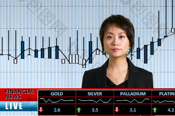 亚洲女主播从电视演播室发布<strong>财经新闻</strong>，具有pip图表<strong>背景</strong>