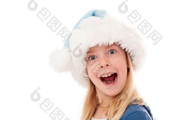 一个戴着圣诞帽、张<strong>大嘴巴</strong>、非常兴奋的金发女孩看着镜头。隔离在白色工作室背景上。