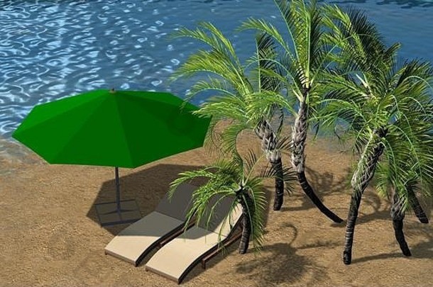 假期概念美丽的岛夏天景观棕榈树甲板椅子