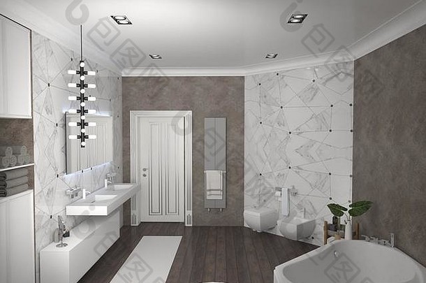 浴室、室内可视化、3D插图