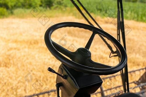 小麦在夏天收割。从shnitsy场地上联合收割机驾驶室的视图。金黄成熟小麦收获机