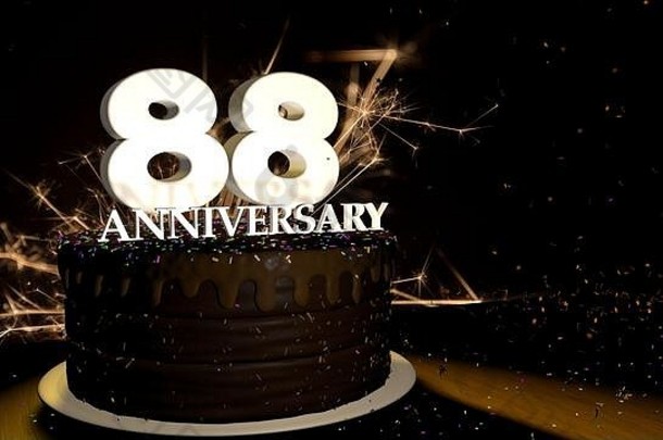 88周年纪念卡。木制桌子上装饰着蓝色、红色、黄色、绿色和白色数字的圆形巧克力蛋糕