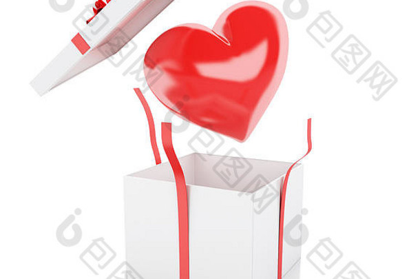 3d渲染器插图。用爱心打开礼品盒。情人节的概念。孤立的白色背景。