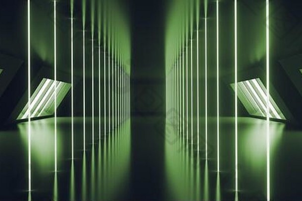 现代未来主义科幻外星飞船反射式黑暗空旷的长走廊隧道，带有白色大窗户绿色抽象形状的霓虹灯发光线条背景