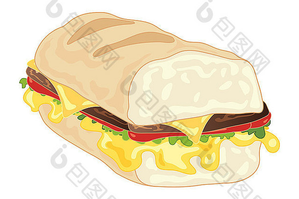 图为一个大三明治，汉堡包、融化的奶酪、莴苣和西红柿放在白色背景的大法式面包中
