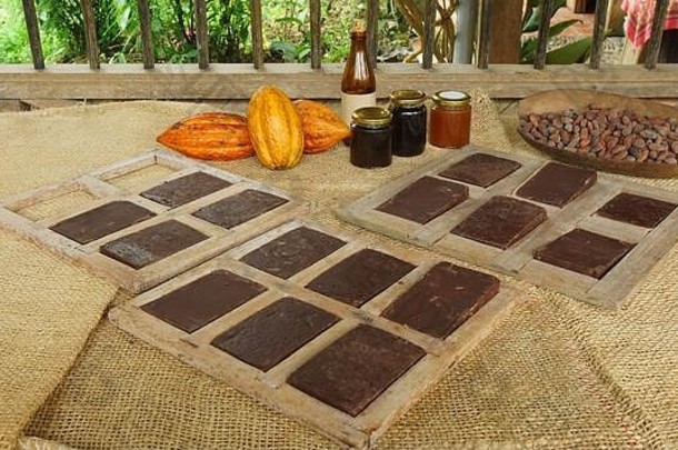 手工制作的巧克力块内部木模具成熟的可可水果玻璃罐子可可产品黄麻覆盖表格