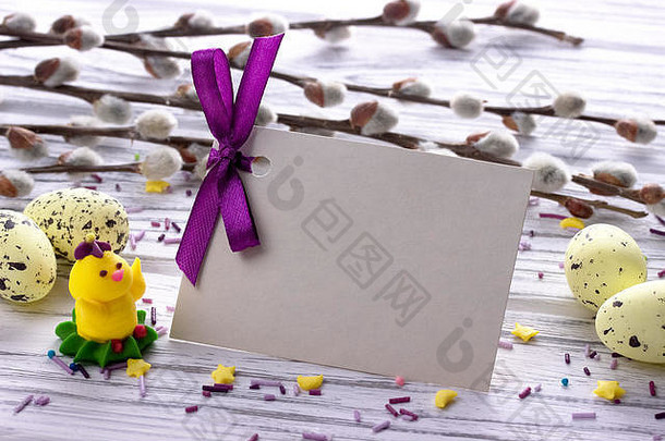 复活节背景黄色的复活节鸡蛋猫咪柳树分支机构紫色的丝带鸡空间文本