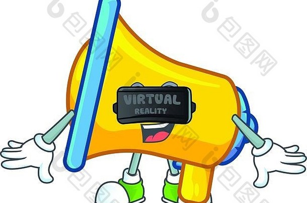 白色背景上的虚拟现实黄色扬声器吉祥物