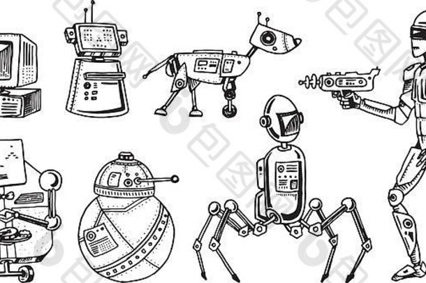 机器人与技术进化。机器人的发育阶段。人工智能概念。手绘未来技术。复古雕刻单色素描。