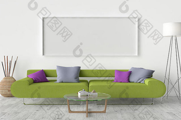 木条镶花之地板地板上沙发室内灯空白图片框架墙插图
