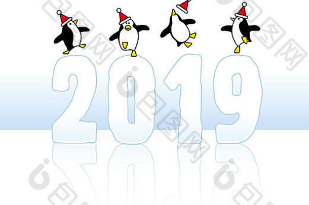 快乐聚会，派对企鹅穿圣诞老人帽子跳舞前冻一年冰