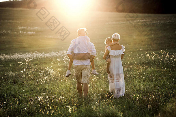 夏日日落时，一家人<strong>带</strong>着<strong>小孩</strong>在草地上散步的后视图。