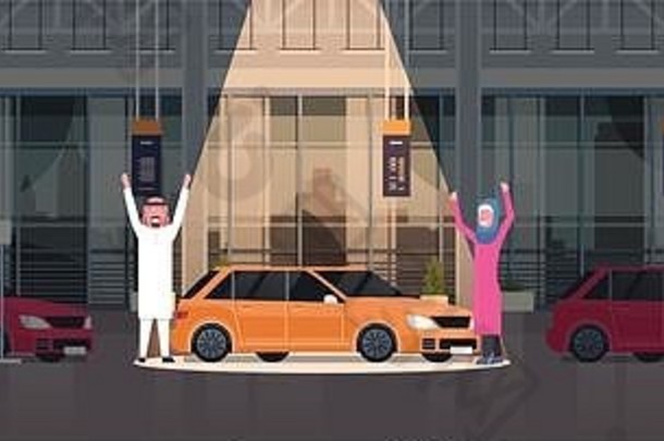 夫妇阿拉伯卖方展示车经销商中心展厅集vechicles水平横幅