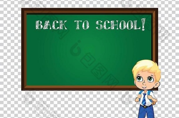 可爱的金发学童，一双大大的绿色动漫眼睛，穿着制服，背着书包，站在黑板旁边，上面有粉笔题字，他回到学校并抄写