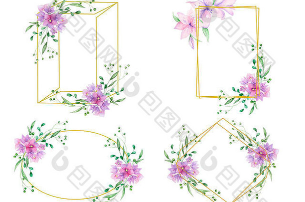 婚礼邀请花邀请卡橄榄花花垂直几何金框架打印白色背景