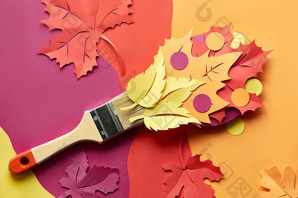 前视图平躺刷加载油漆使纸秋天叶子概念首页改造背景红色的黄色的橙色紫色的