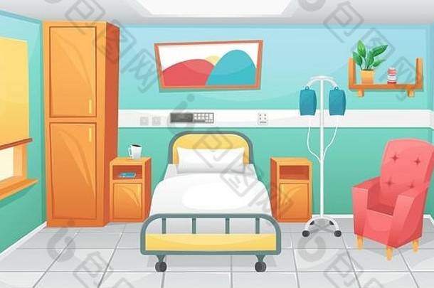 医院房间，有一张床、床头柜和一把供来访者使用的椅子。在医院抗击冠状病毒。