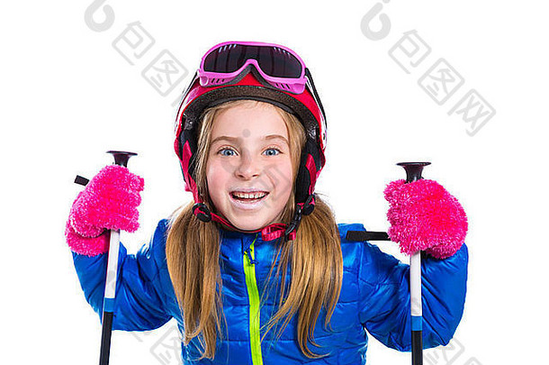金发碧眼的孩子女孩快乐雪滑雪波兰人头盔护目镜