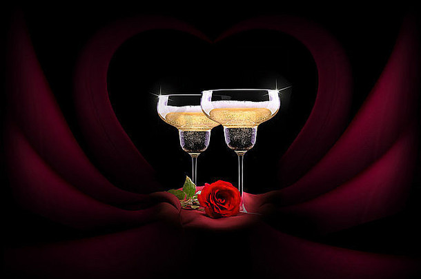 豪华香槟酒杯，红色丝绸和黑色背景上的花朵