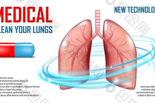 肺诊断横幅。医疗保健概念。呼吸系统疾病。治疗肺纤维化、肺结核、肺炎的药丸或胶囊