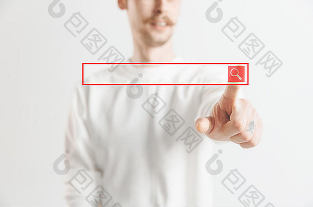 商人手指触摸空搜索栏，现代商业背景概念-可用于插入文本或图片。