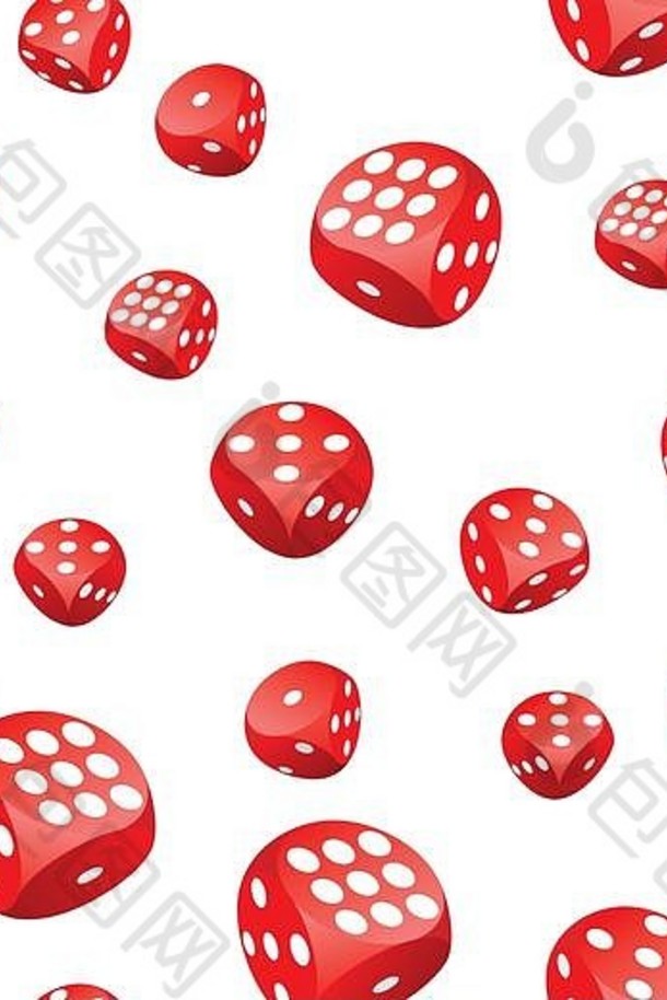 在白色背景上随机放置运动中的红色骰子的无缝图案。Adobe Illustrator EPS8文件。