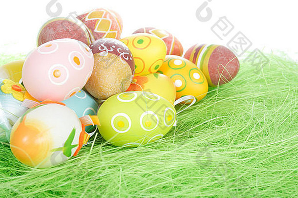 画色彩斑斓的复活节鸡蛋照片白色背景