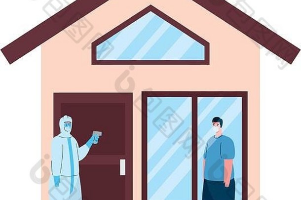 消毒，穿病毒防护服的人，带数字非接触式红外温度计，男人在家里检查温度