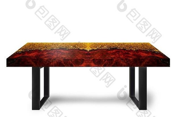 桌子现代风格，由铸造环氧树脂金树脂枫木制成，地板白色背景上有钢制支腿