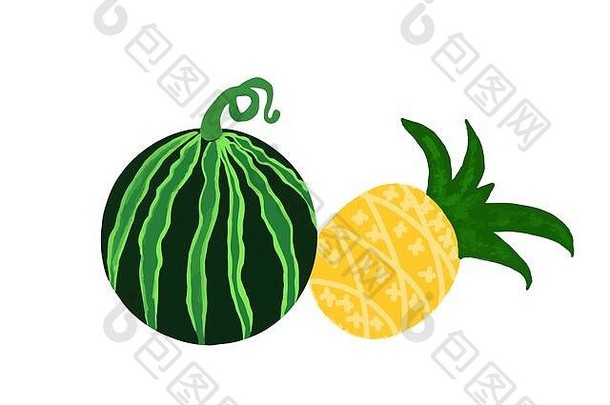 白色背景上的西瓜和菠萝