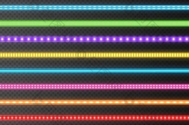 色彩斑斓的领导条集合明亮的发光的丝带孤立的透明的背景现实的霓虹灯花环